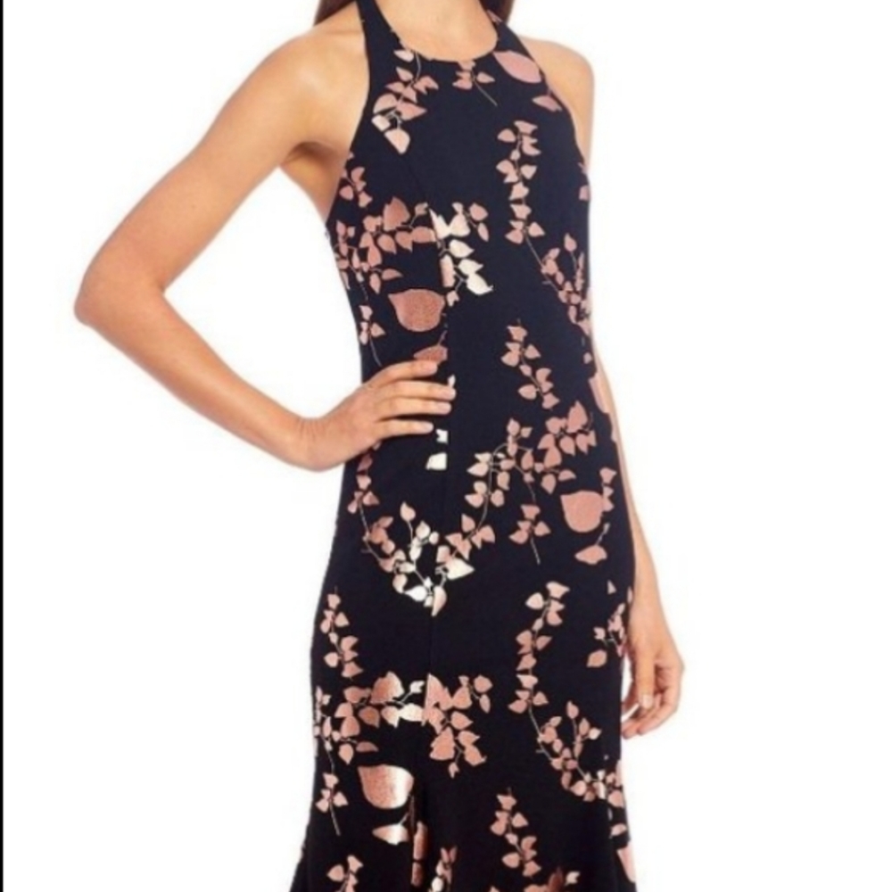 Badgley Mischka Black Dress with Rose Gold Floral Print
